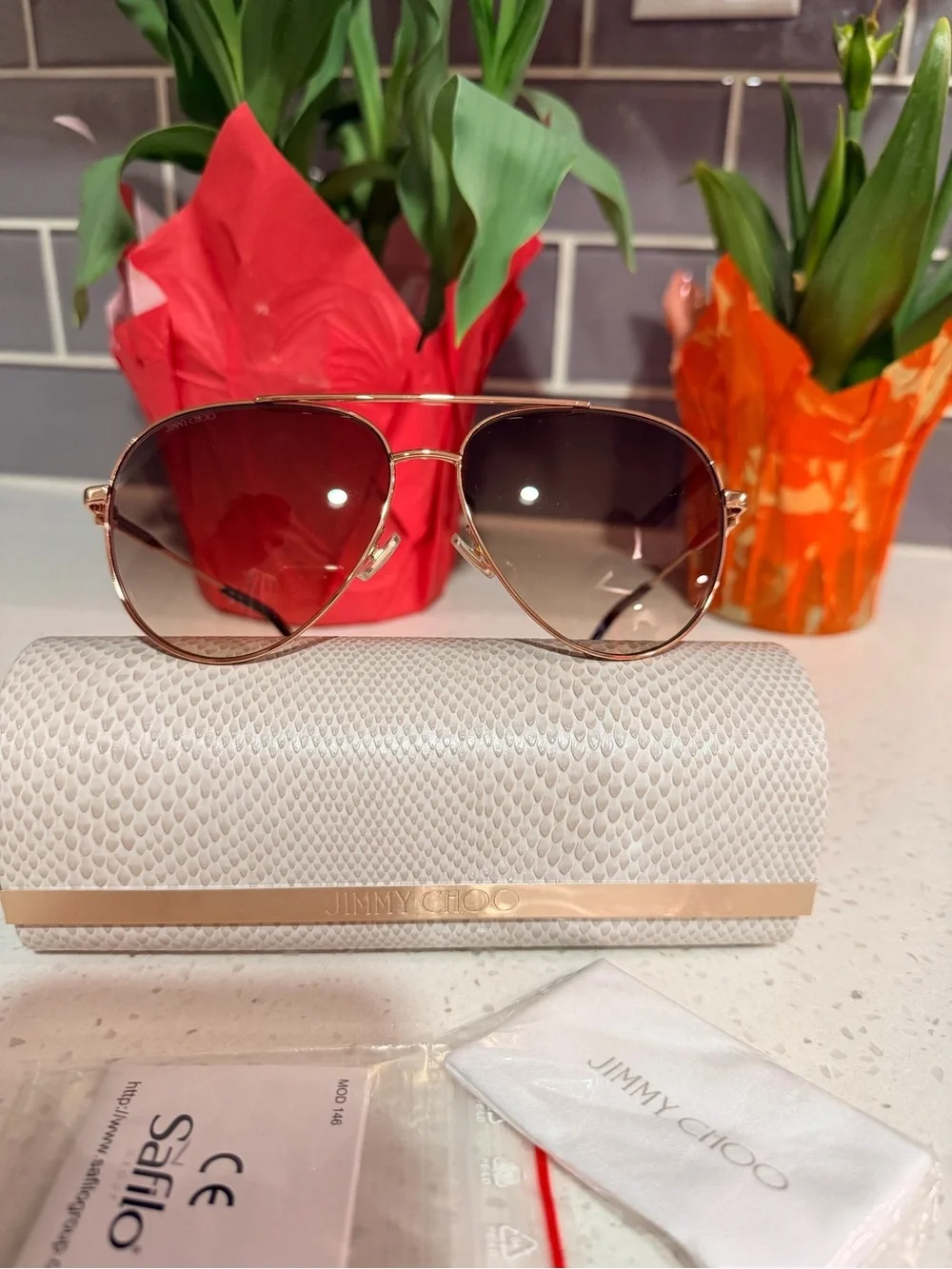 Jimmy Choo Rose Gold Aviator Sunglasses with Brown Gradient Lenses